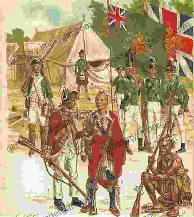 A Group Of British Soldiers And Loyalist Militia Members Standing In Formation, Wearing Their Colorful Uniforms. CROWN FORCES: Regiments And Uniforms Of The British Army And Loyalist Or Tory Militia In The American Revolution