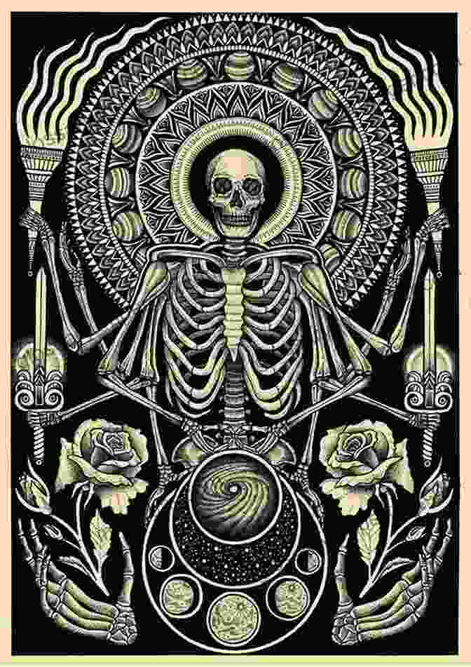 A Saintly Blessed Death Skull Used In An Occult Ritual, Surrounded By Candles And Other Symbolic Objects. Saintly Blessed Death Skulls Spiritualism Occult Macario Mexican Day Of The Dead Halloween Art COLLECT ART PRINTS IN A Grace Divine Drawings By Artist (for Fun And Entertainment Purposes Only))